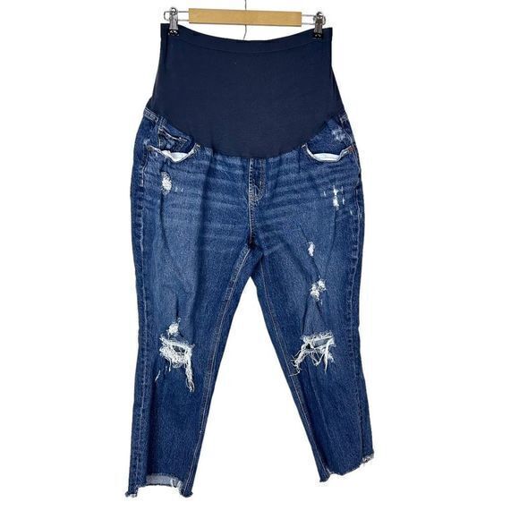 Old Navy maternity slouchy straight Blue distressed jeans full panel 16 Short - Picture 1 of 16